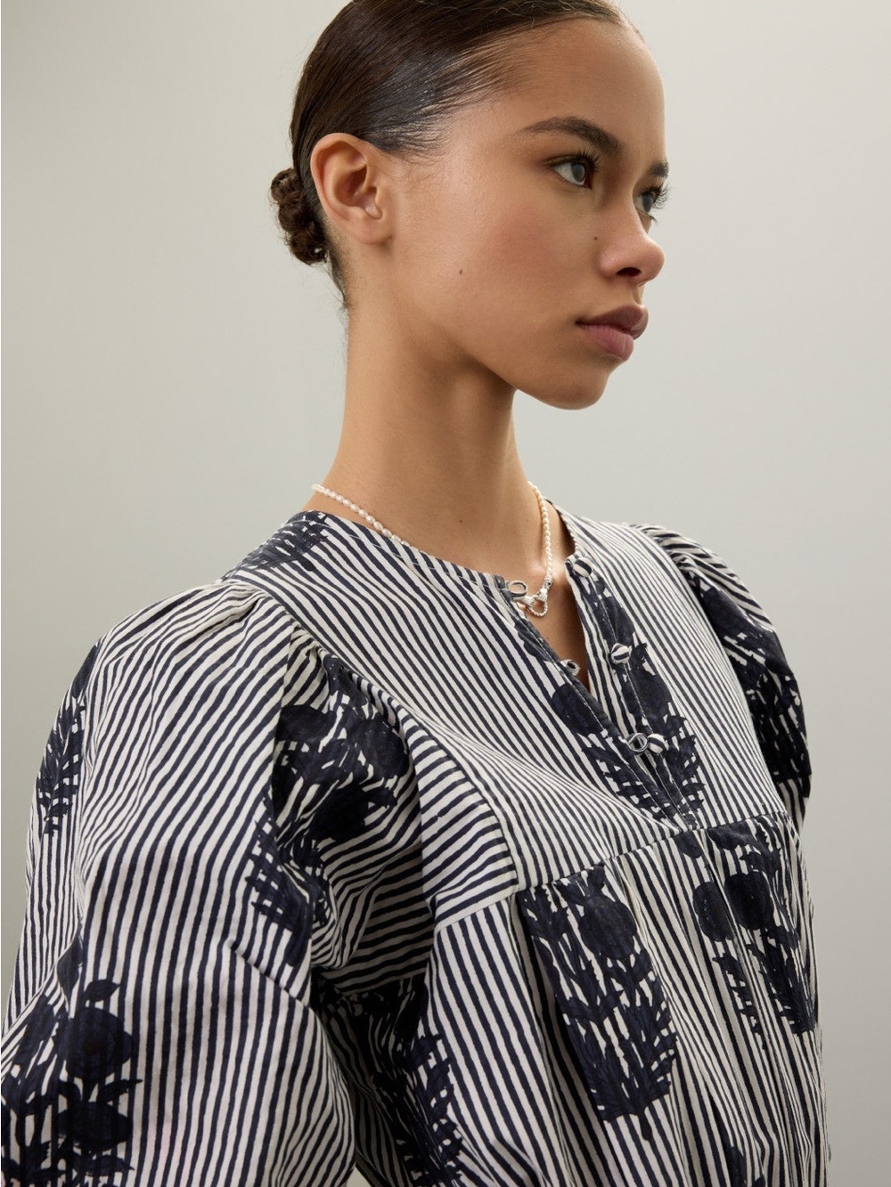 Striped Black and White Floral Tie-Waist Midi Dress - Picture 2 of 7